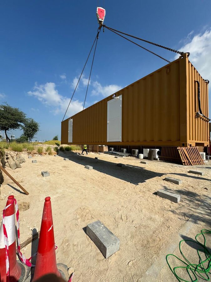 Portable cabin installation by crane